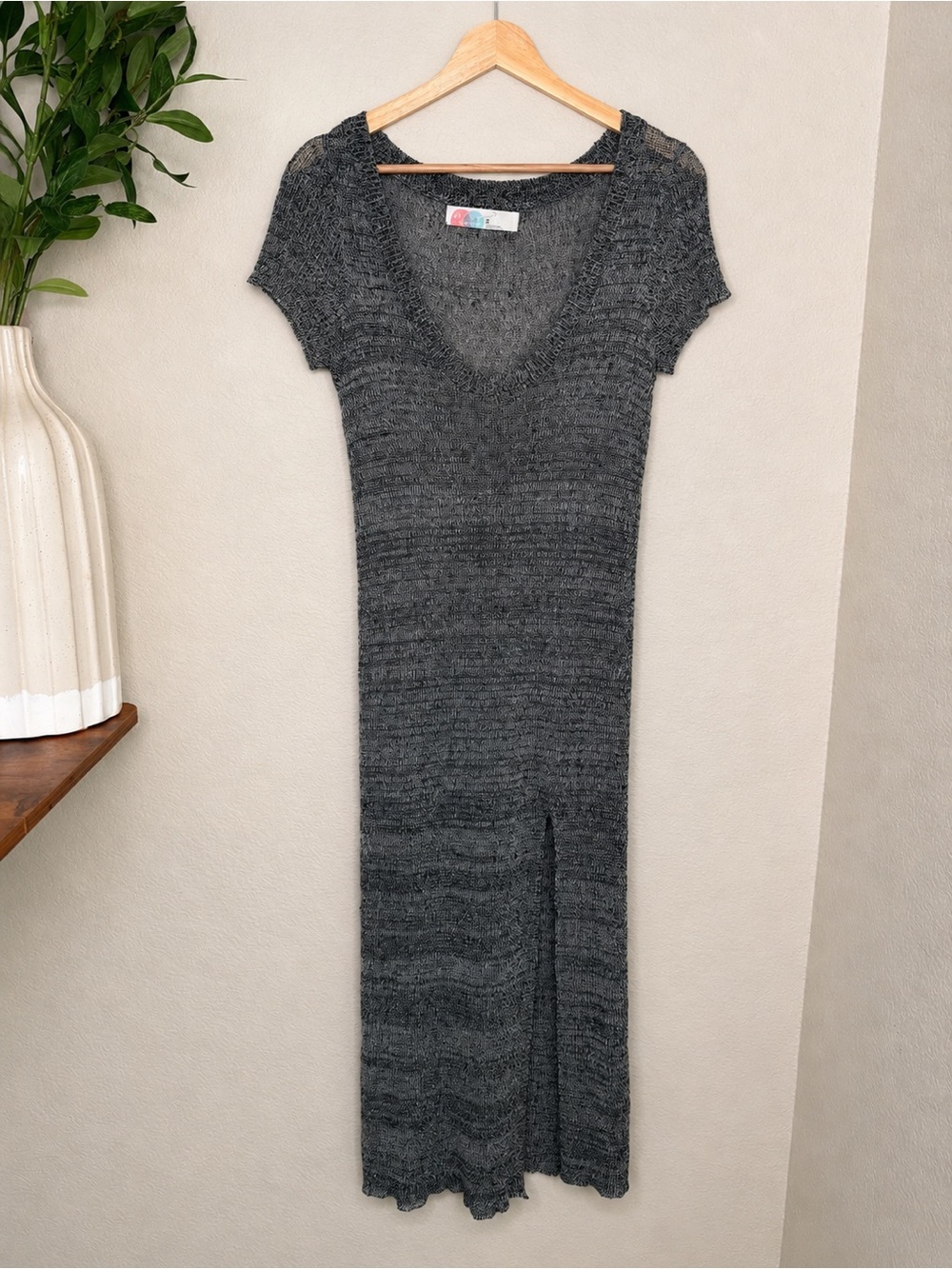 Free People FP Beach Maxi Dress XS Gray Linen Blend Sheer Open Knit Coastal Boho